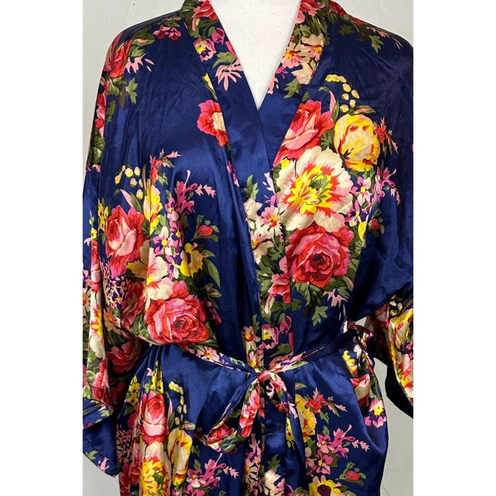 Lightweight Satin Navy Blue Floral Robe with Yellow Pink Belted - Picture 4 of 10